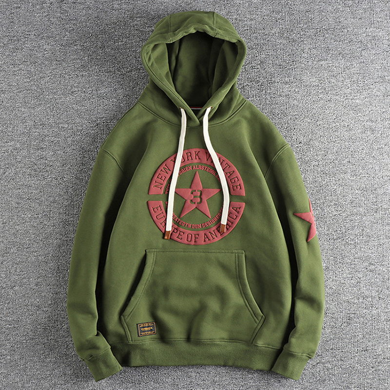 Retro Heavyweight Velvet Five-Pointed Star Hooded Sweatshirt