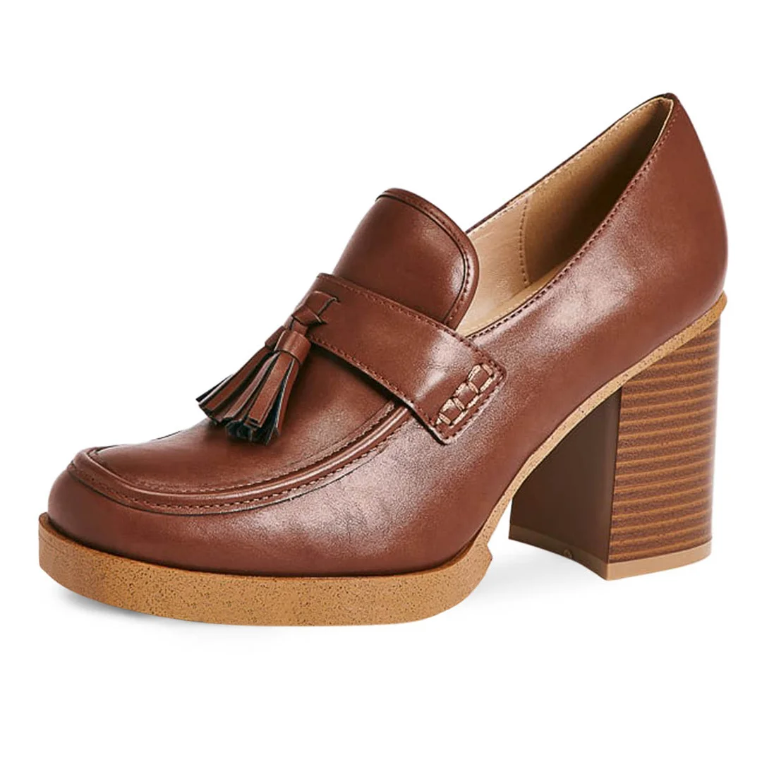Brown Round Toe Tassels Chunky Heel Office Loafer Shoes Women