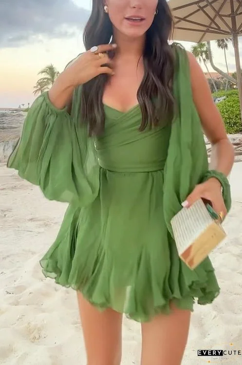 V Neck Back Lace-up Slit Sleeves Mini Dress