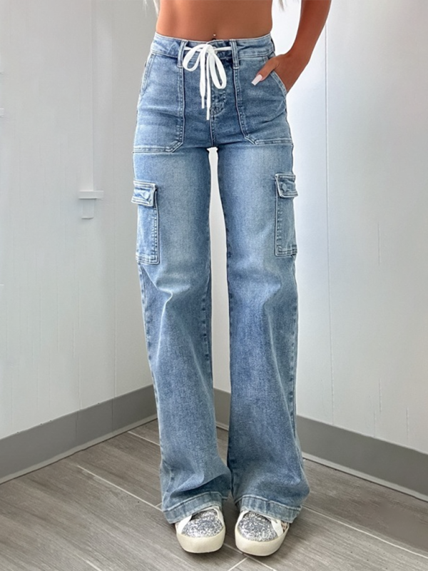 Mature Women New Casual Lace-Up Multi-Pocket Functional Workwear Straight Leg Jeans