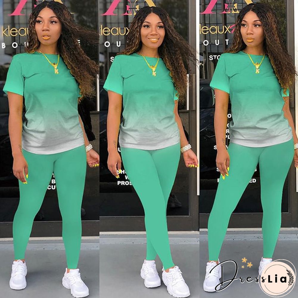 New Women's Fashion Gradient Short Sleeve Top and Pants Casual Sportswear Suit Two-piece Suit Plus Size