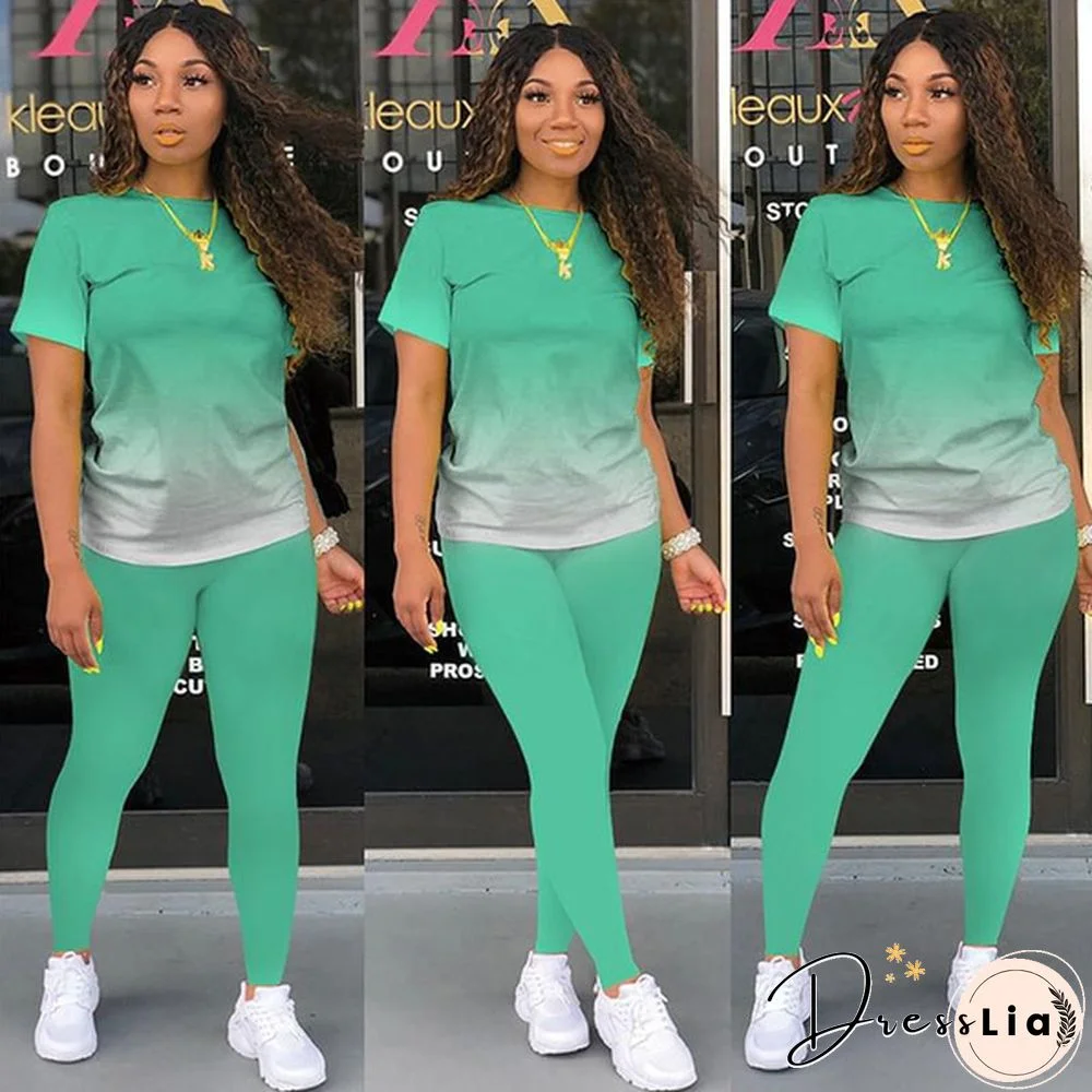 New Women's Fashion Gradient Short Sleeve Top and Pants Casual Sportswear Suit Two-piece Suit Plus Size