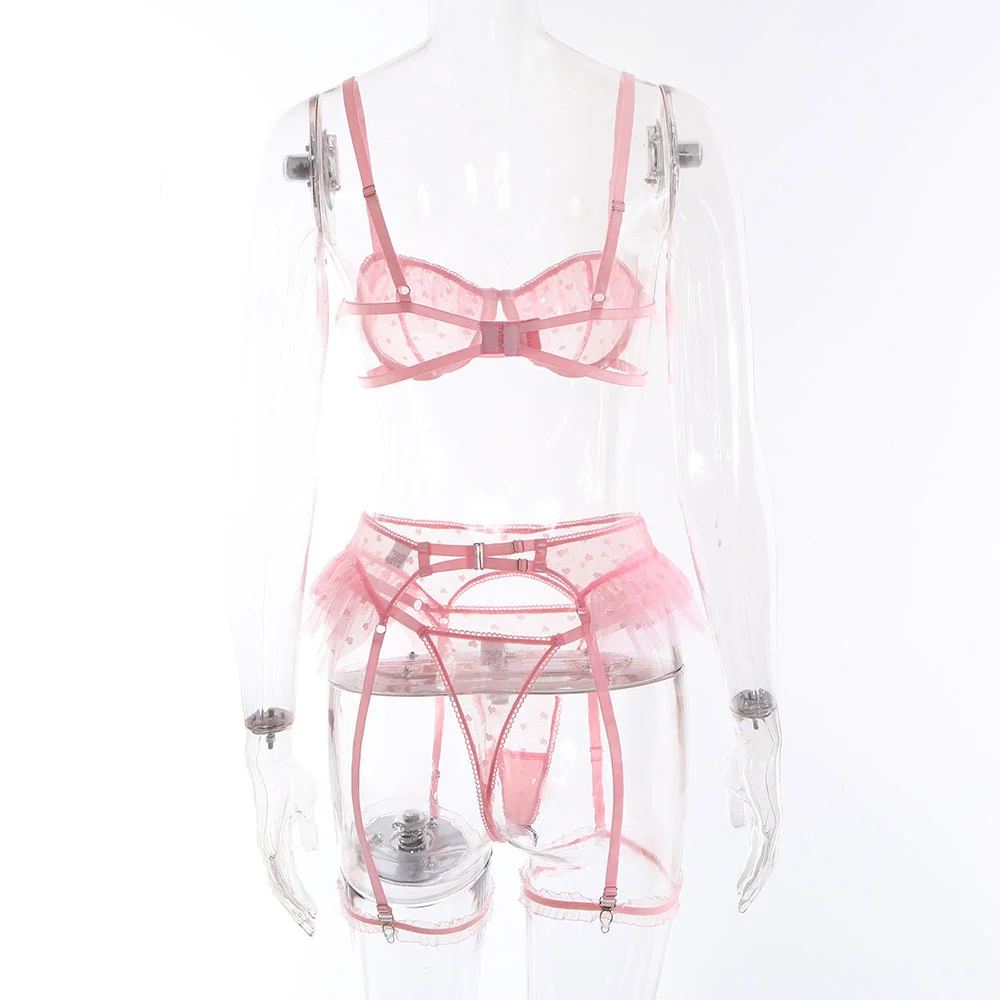 Billionm SexeLakas Pink Nightwear Sexy Transparent See Through Lace Underwear Lingerie Ruffles Heart Shape Intimate Sexual Clothing Sex