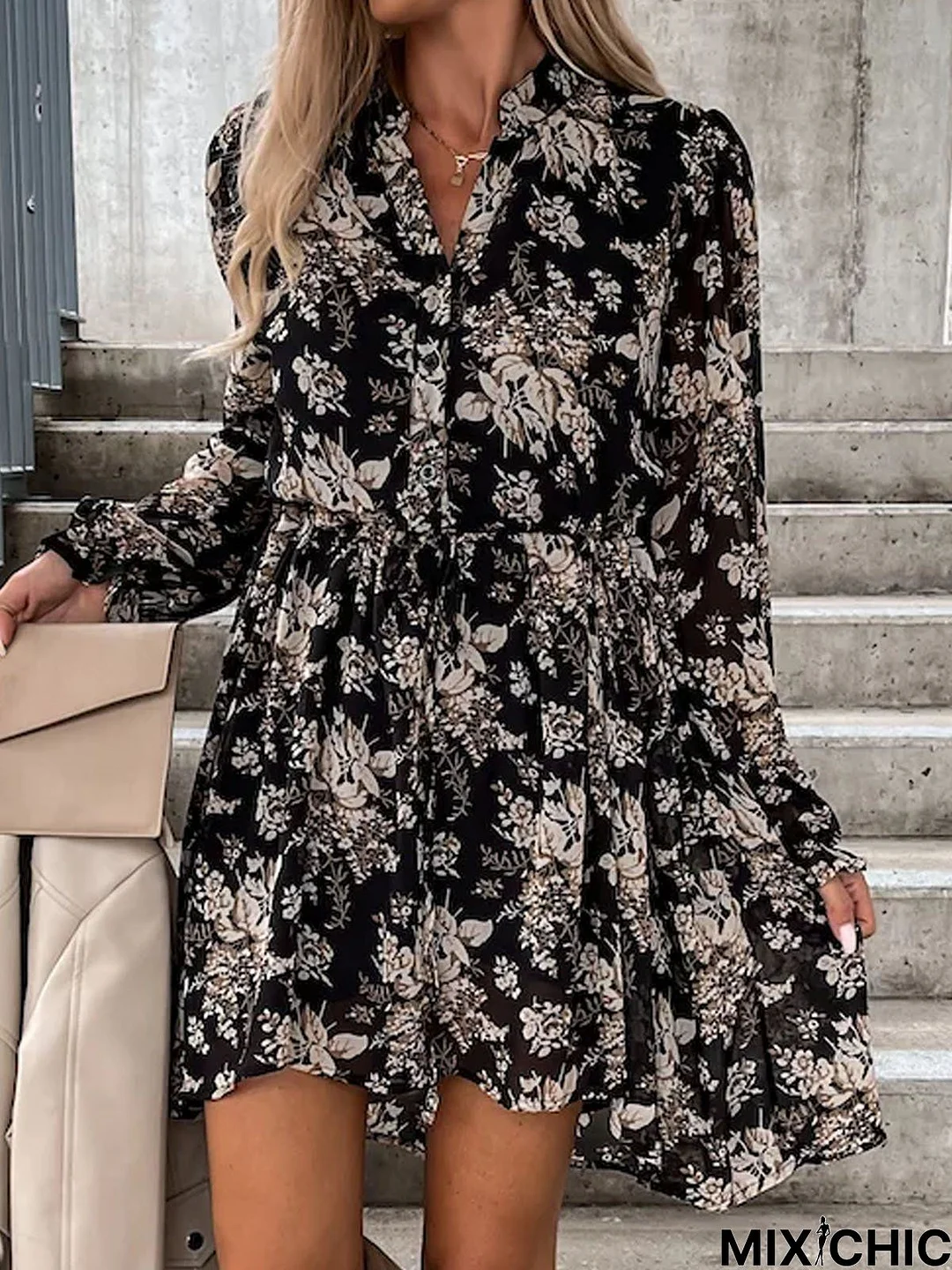 Floral Stand Collar Casual Dress