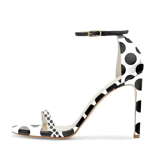 Black and White Stiletto Heels Polka Dots Cute Ankle Strap Sandals |FSJ Shoes