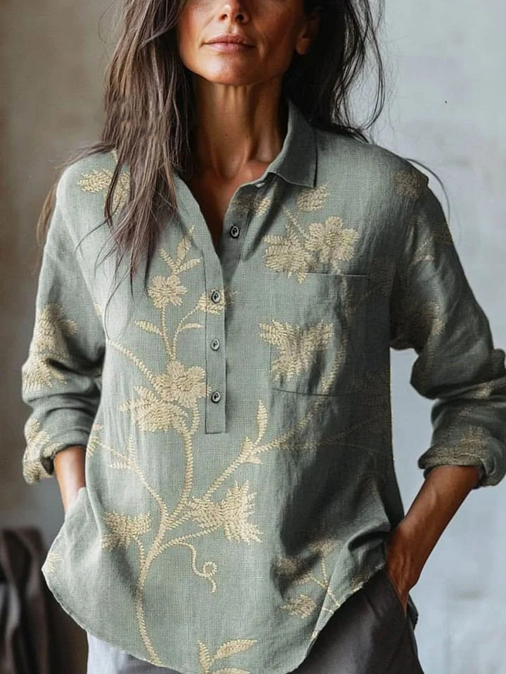 Women's Vintage Lovely Floral Art Print Casual Cotton And Linen Shirt