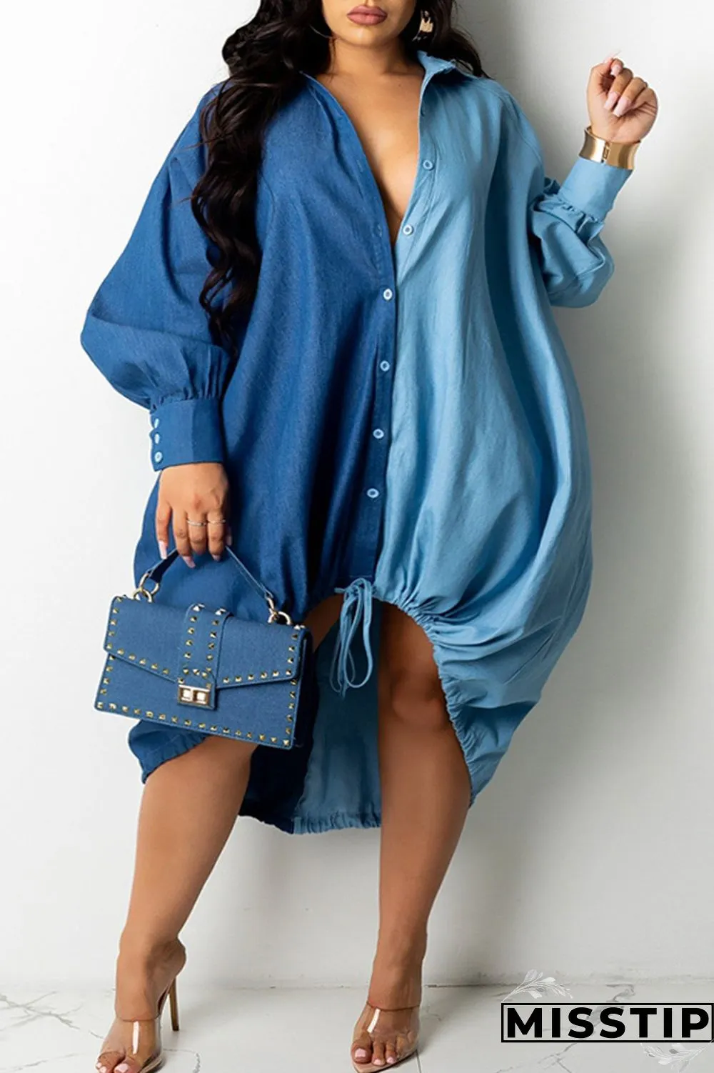 Grey Fashion Casual Plus Size Solid Patchwork Asymmetrical Turndown Collar Shirt Dress