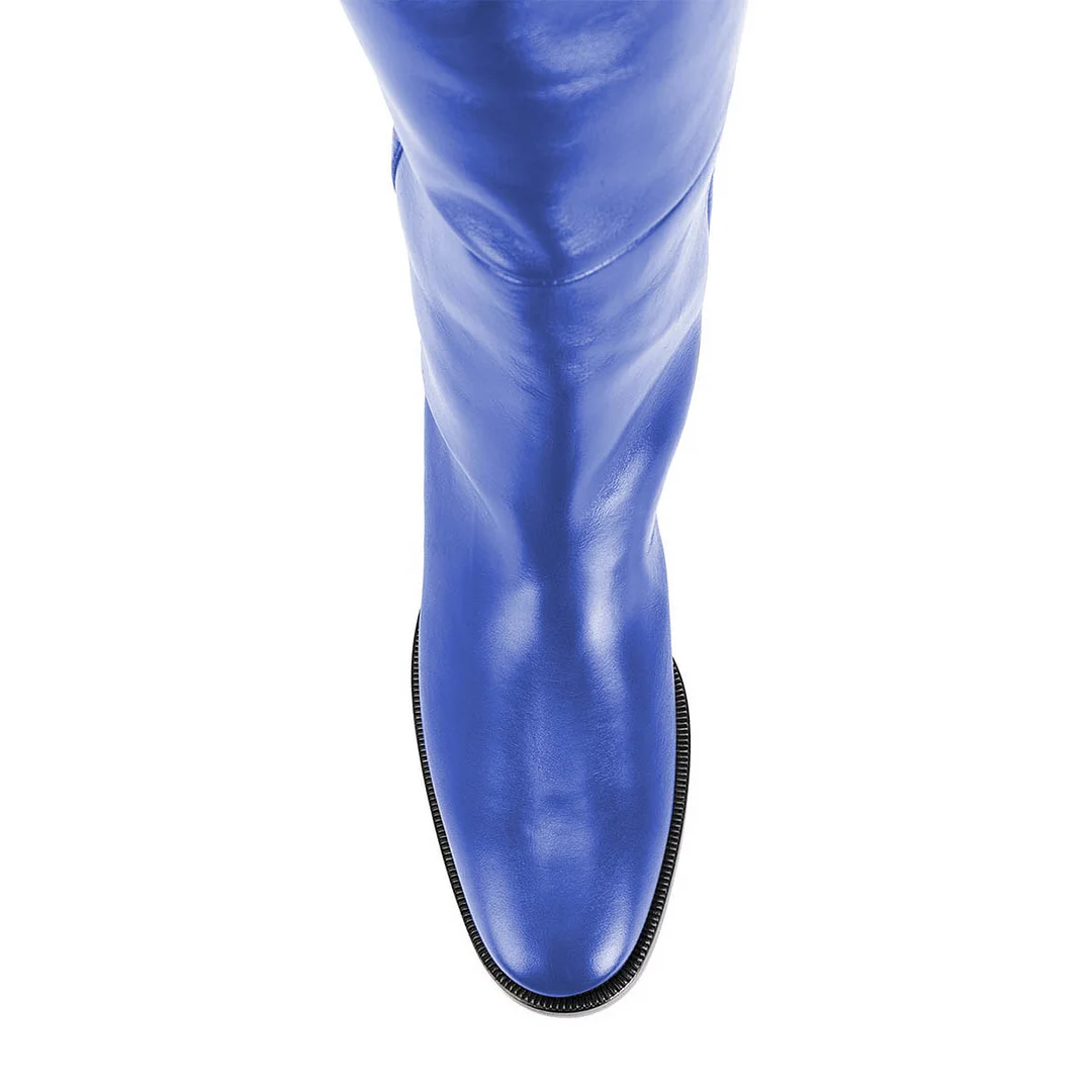 Blue Vegan Leather Almond Toe Pull-On Thigh-High Comfortable Boots