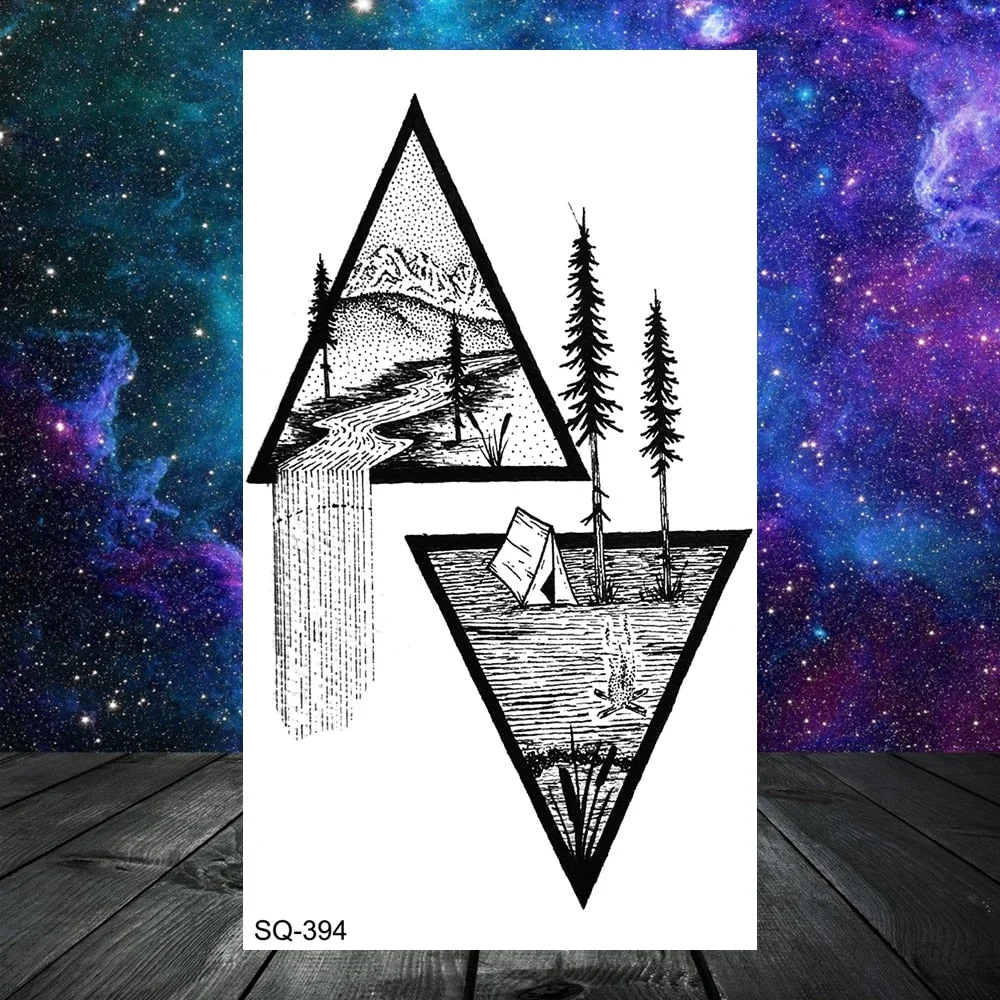 3D Geometry Mountain Sea Temporary Tattoos For Women Adult Men Kids Girl Sun Forest Eyes Fake Tattoo Neck Arm Hands Small Tatoos