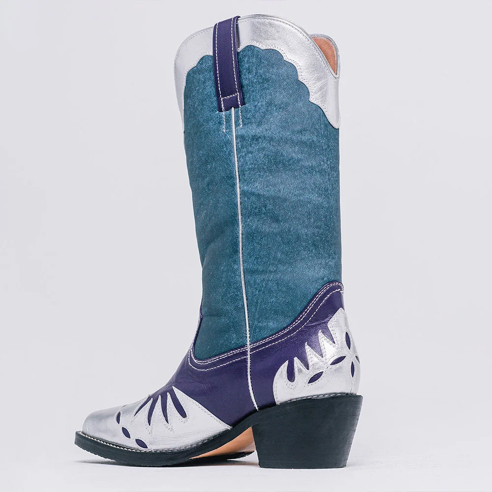 Multicolor Patchwork Pointed Toe Chunky Heel Cowgirl Boots for Women