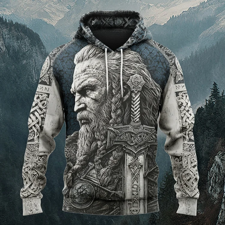 Viking Elder And Excalibur Color-block Printed Hoodie