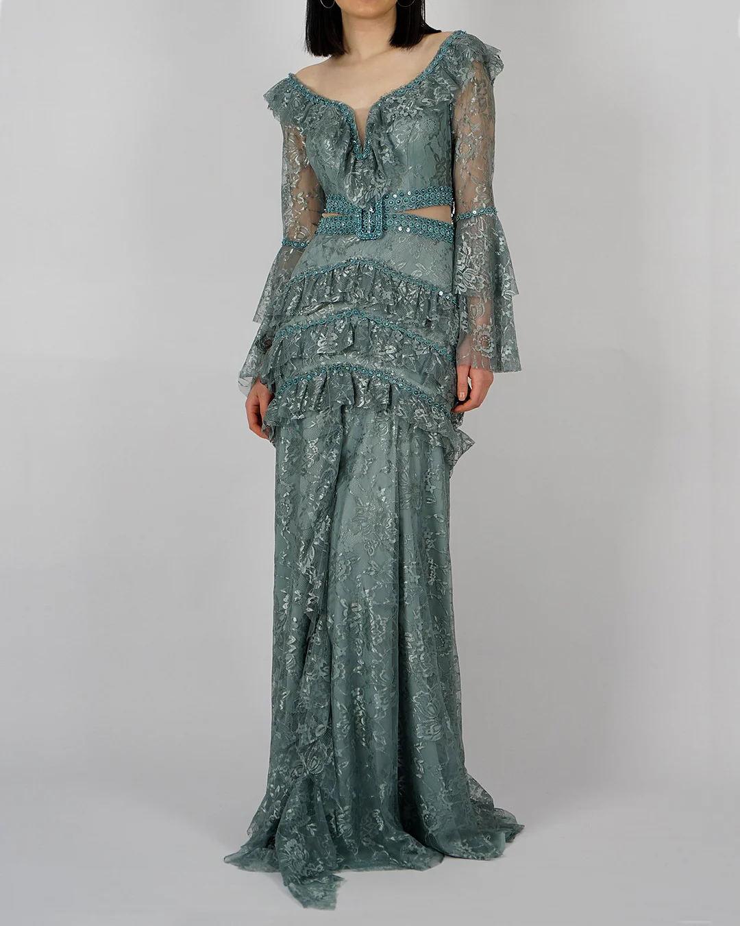 Embroidered Cut Out Evening Dress
