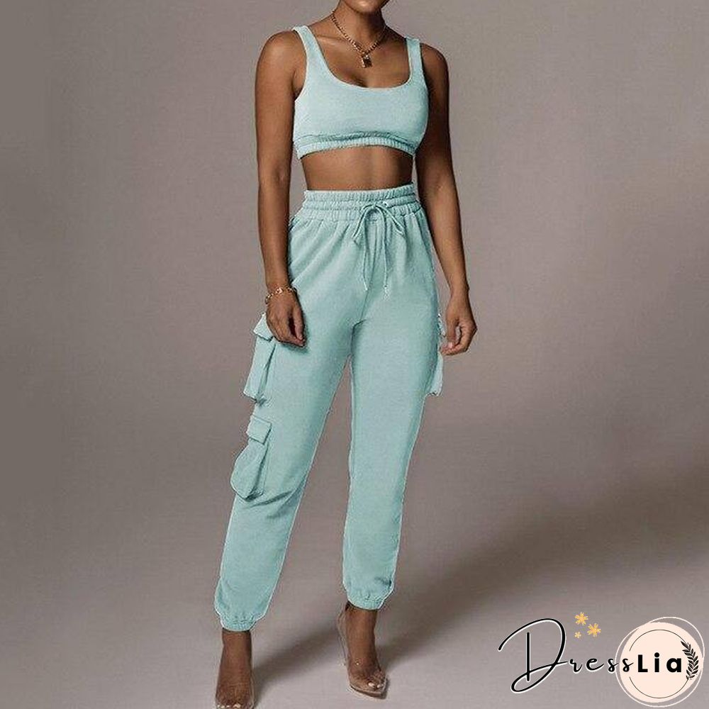 2 Piece Women Sports Casual Set Sweatshirt Crop Tops Pocket Sweatpants Baggy Pants Tracksuit Streetwear Joggers Summer Outfits