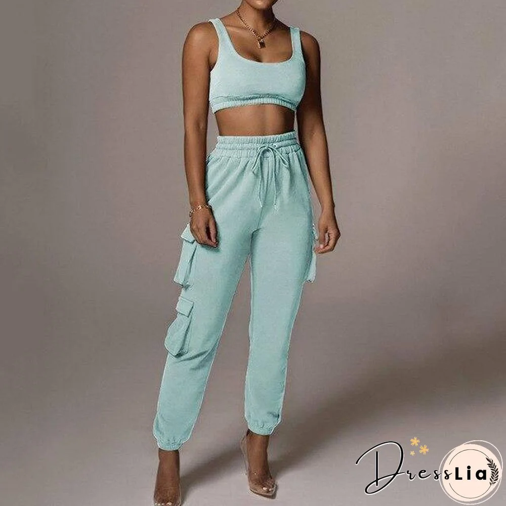 2 Piece Women Sports Casual Set Sweatshirt Crop Tops Pocket Sweatpants Baggy Pants Tracksuit Streetwear Joggers Summer Outfits