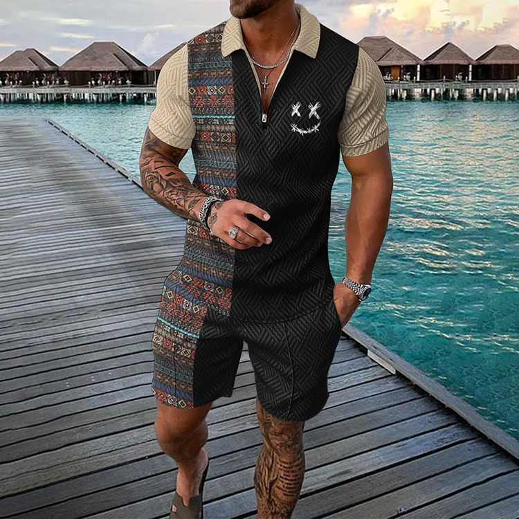 VChics Men's Colorful Geometric & Smile Face Print Patchwork Short Sleeve Polo Shirt And Shorts Co-Ord
