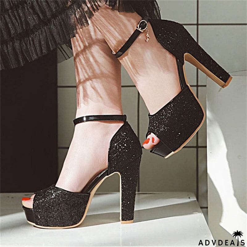 Peep Toe Sequined Fabric High Heels