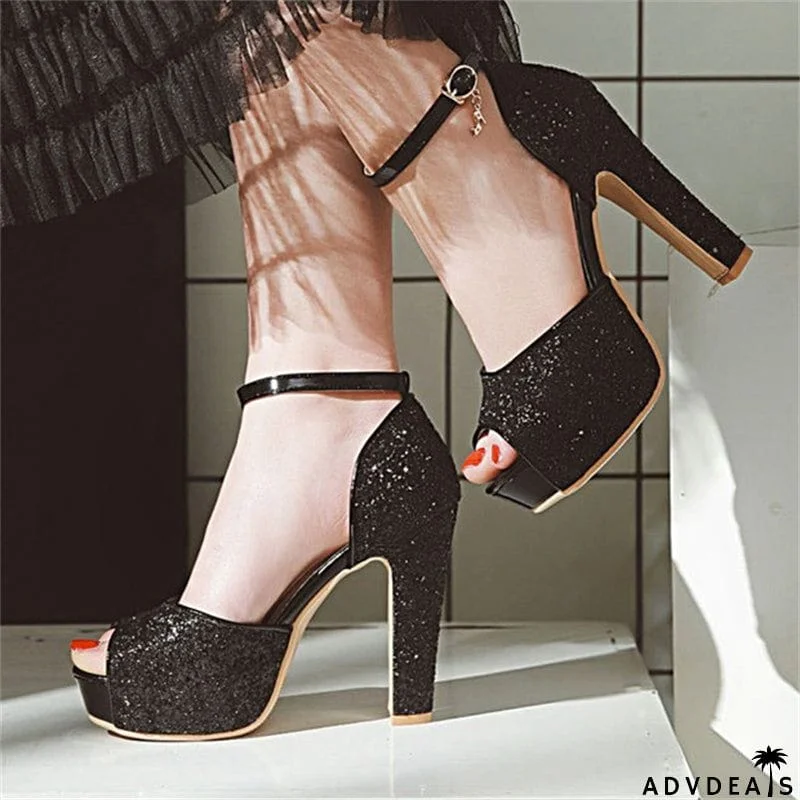 Peep Toe Sequined Fabric High Heels