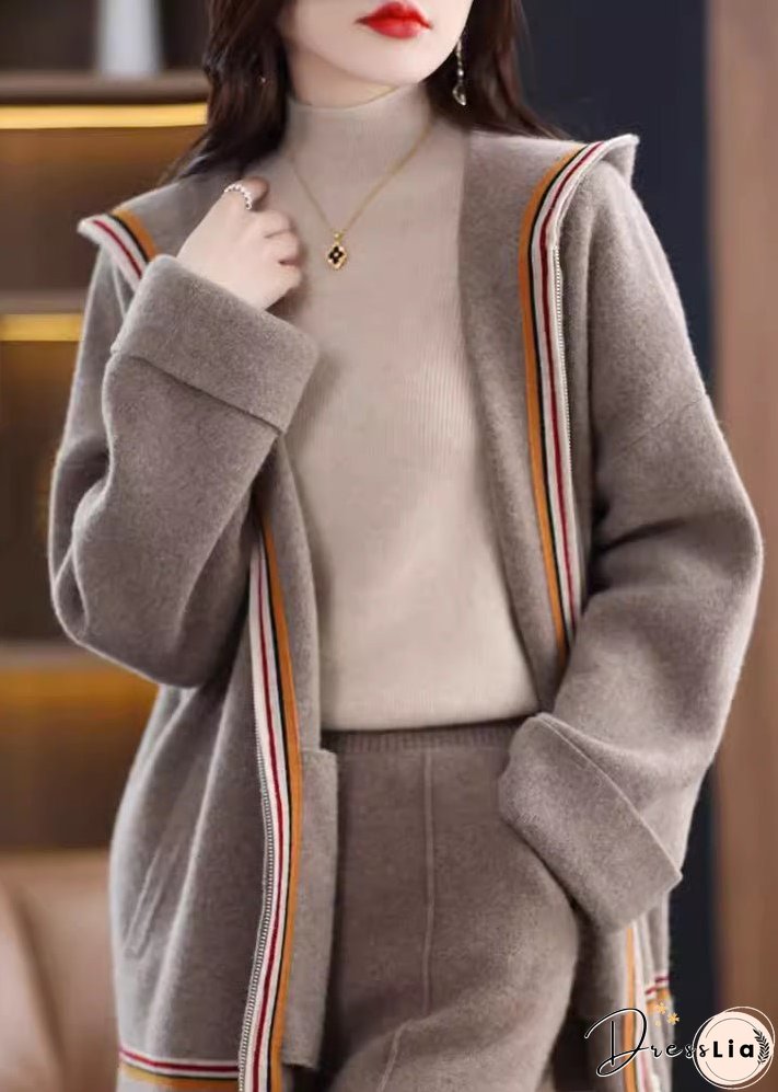Women Camel Pockets Cashmere Hooded Cardigans Fall