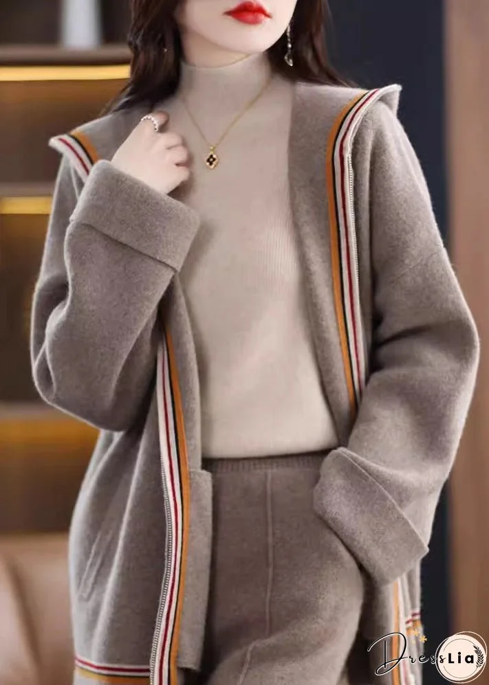 Women Camel Pockets Cashmere Hooded Cardigans Fall