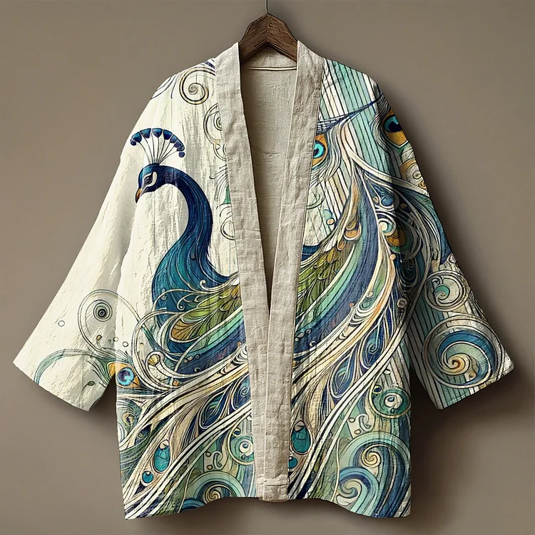 Japanese black cat embroidered printed linen kimono cardigan