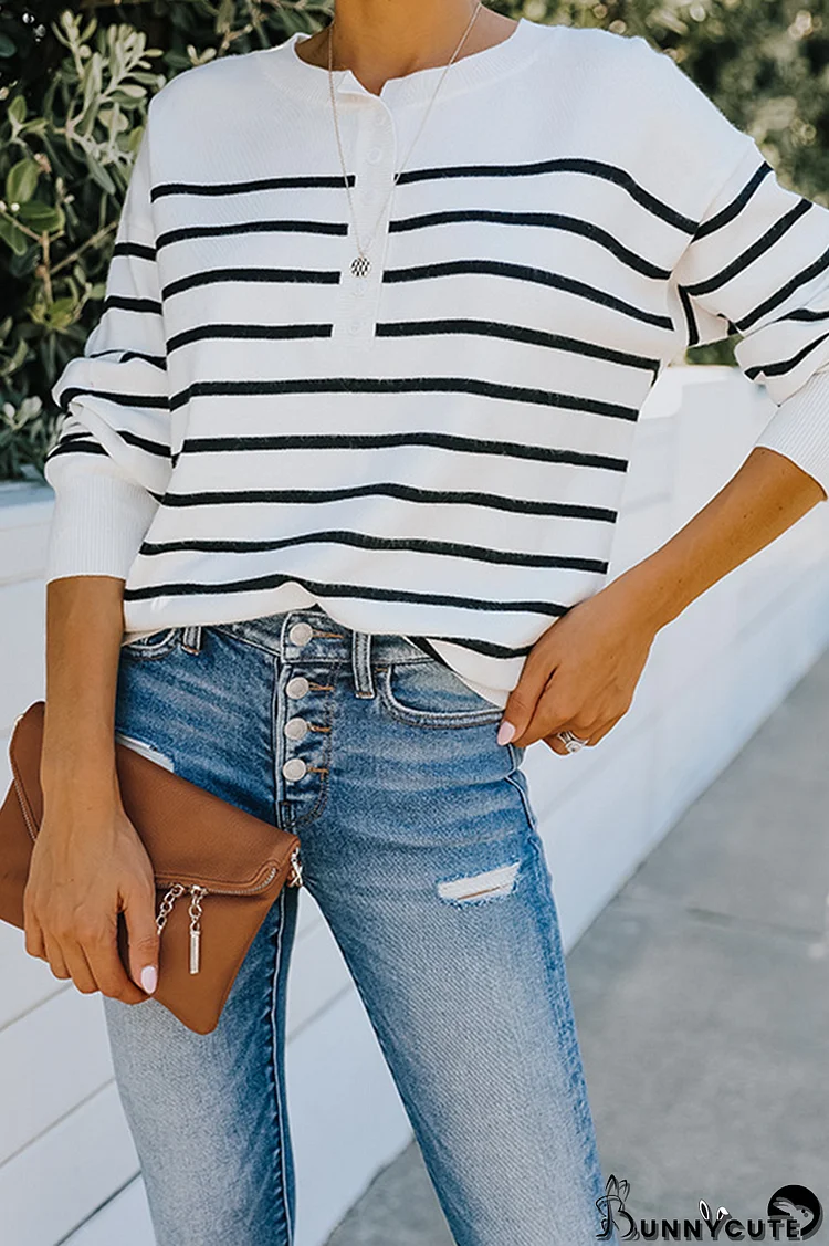 Street Striped Buckle O Neck Tops