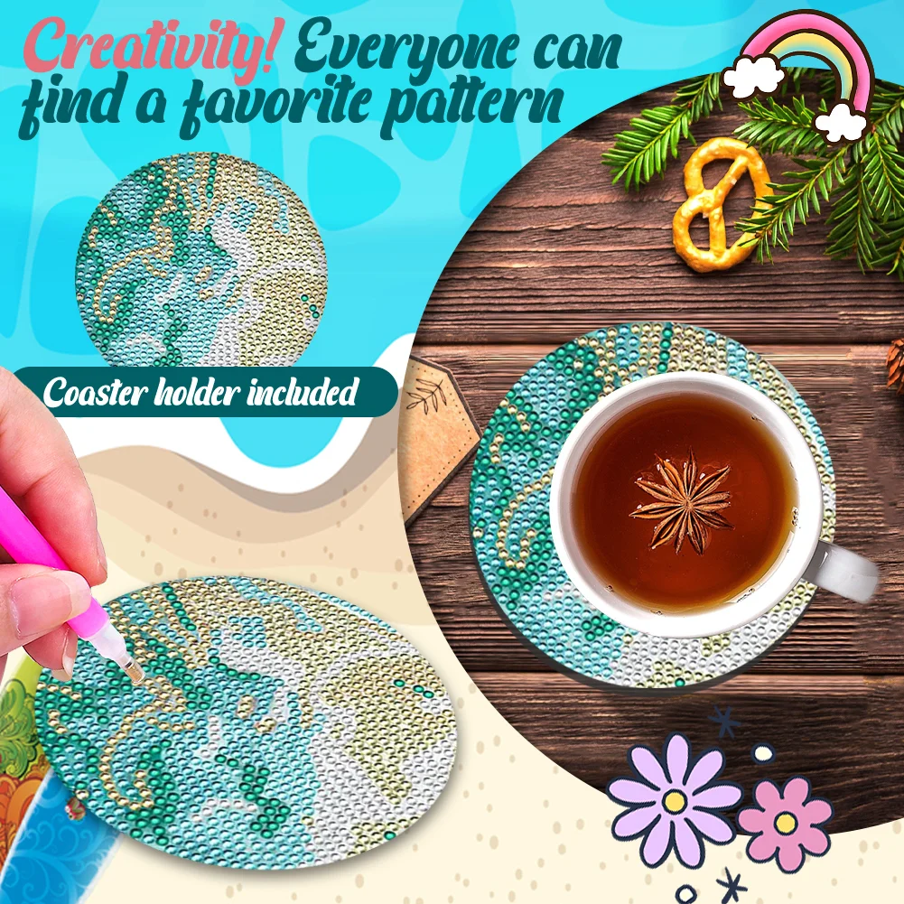 8pcs DIY Green Beach View Wooden Single Sided Diamond Painting Art Coasters Kits with Holder