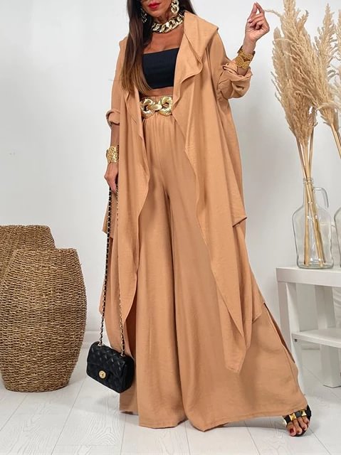 Solid Color Ruffle Long Sleeve Cardigan With Pants Set