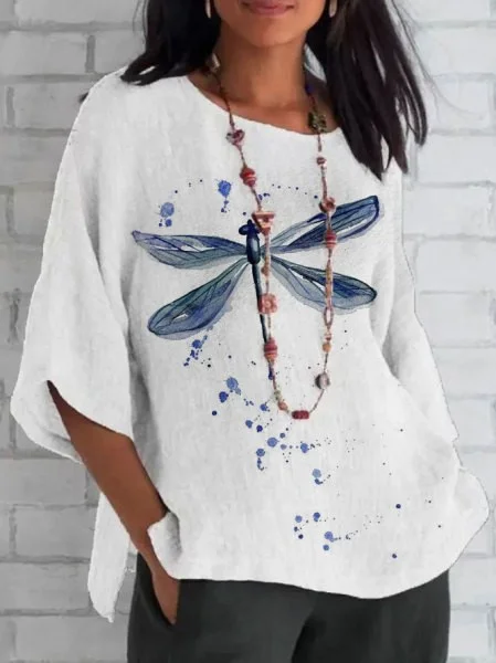 Dragonfly Printed Mid-Length Sleeve Tunic Top VangoghDress