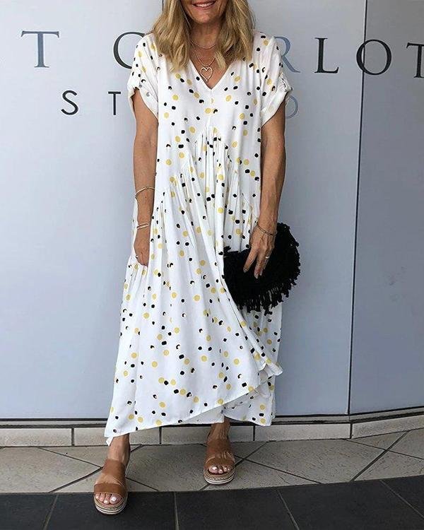 White V neck Short Sleeve Loose Polka Dots Casual Dresses