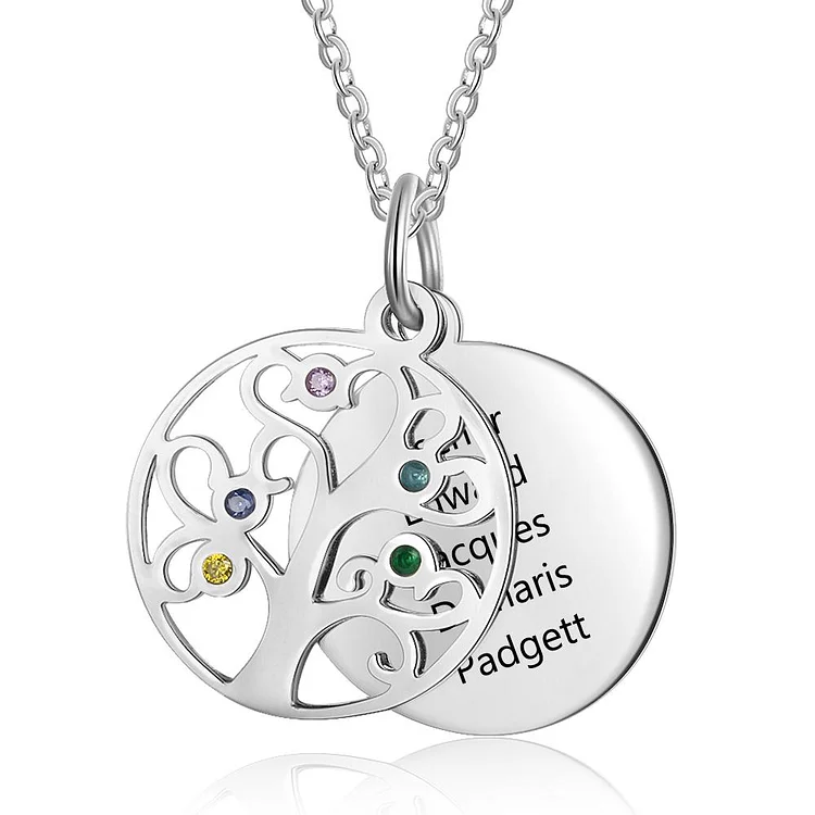 Family Tree Necklace 5 Stones Engraved 5 Names Tree of Life Personalized Necklace for Mothers Grandmother