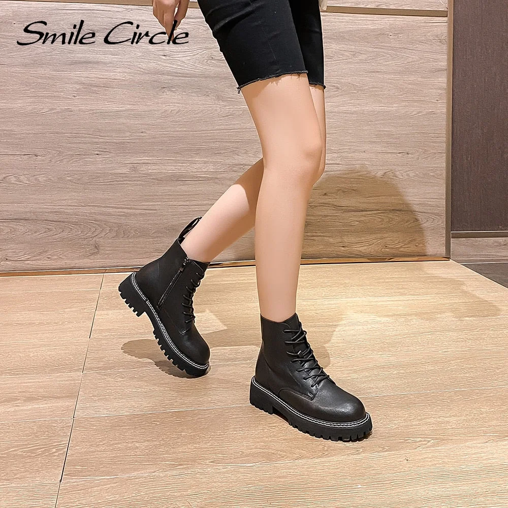 Smile Circle Winter Ankle Boots Women Cow Leather Platform Boots Warm Plush Keep Round toe Comfortable Ladies Booties