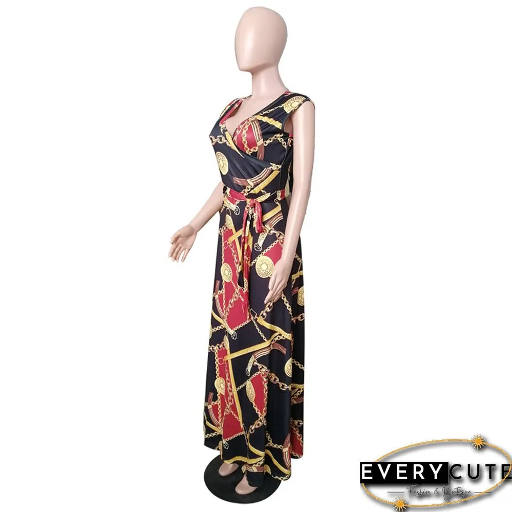 Wine BV Neck Bohemia Print Sleeveless Maxi Dress