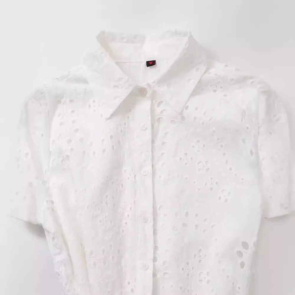Woherb Woherb New Fashion Lapel Short Sleeve Pure White Embroidered Shirt Dress Women 2614271-Outfit Ideas
