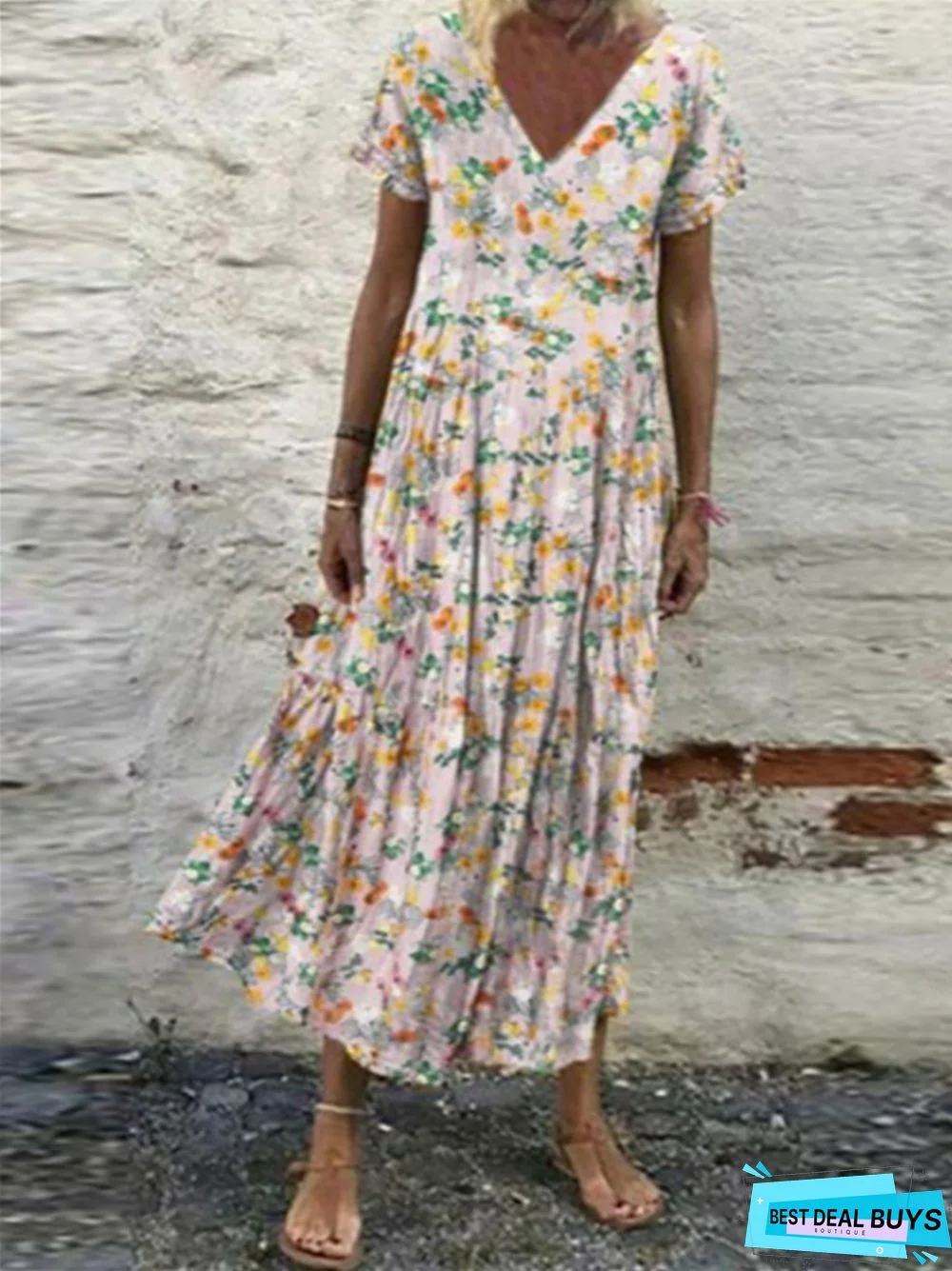 New V-neck Short Sleeve Long Skirt Retro Print Loose Dress Women's Dress