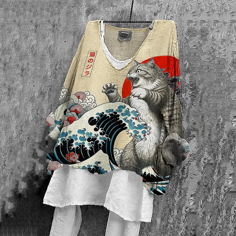 Abstract Creative The Great Waves And Godzilla Japanese Art Cat Print Flowy Tunic