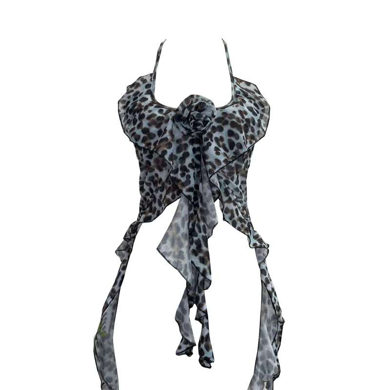 Churchf Special Price Sexy Hot Babes Hanging Backs Her Neck Short Leopard Sling Vest Flowers Lotus Leaves Floating Clothes 2610