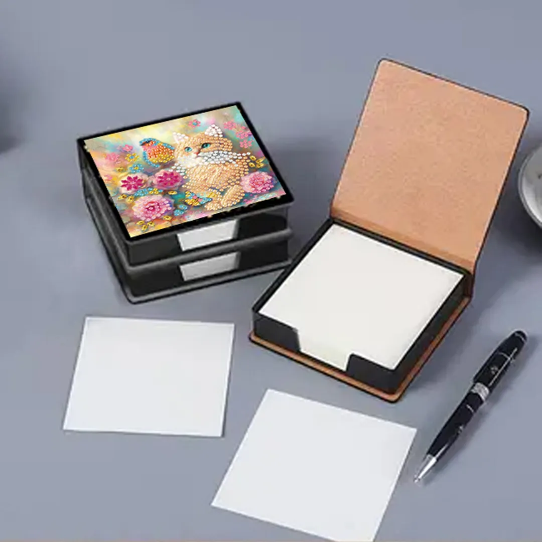 4Pcs Cat 5D DIY PU Diamond Painting Kit Office Note Box with 160 Sheets Paper