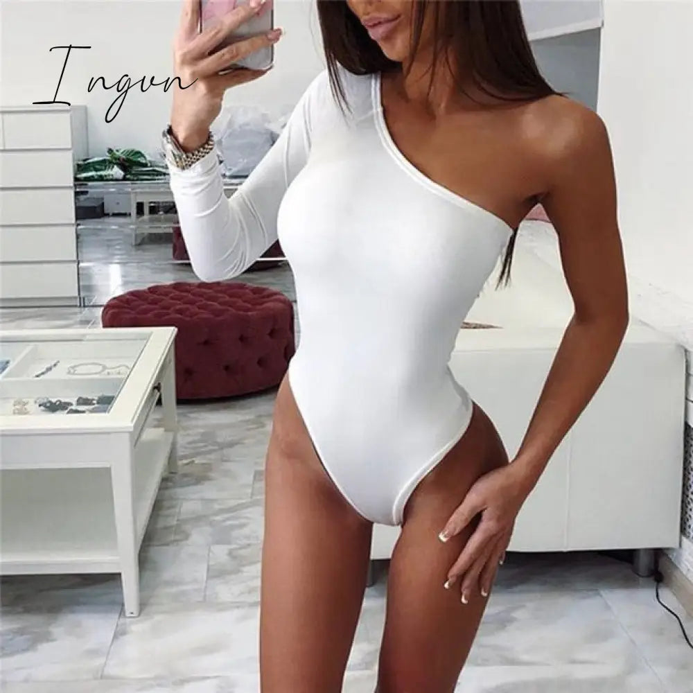 Ingvn - Bodysuit Female Sexy One Shoulder Long Sleeve Slim Bodycon Jumpsuits Solid Color Ladies