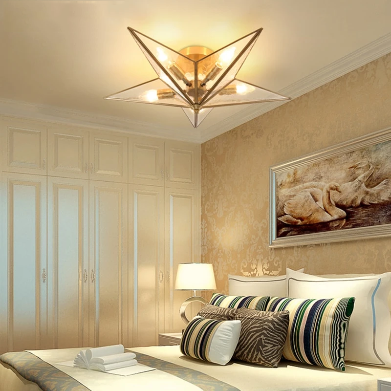 Modern LED Ceiling Lights Lighting Pentagram Living Room Bedroom Copper Ceiling Lamp Creative Home Lighting Brass Fixtures Glass