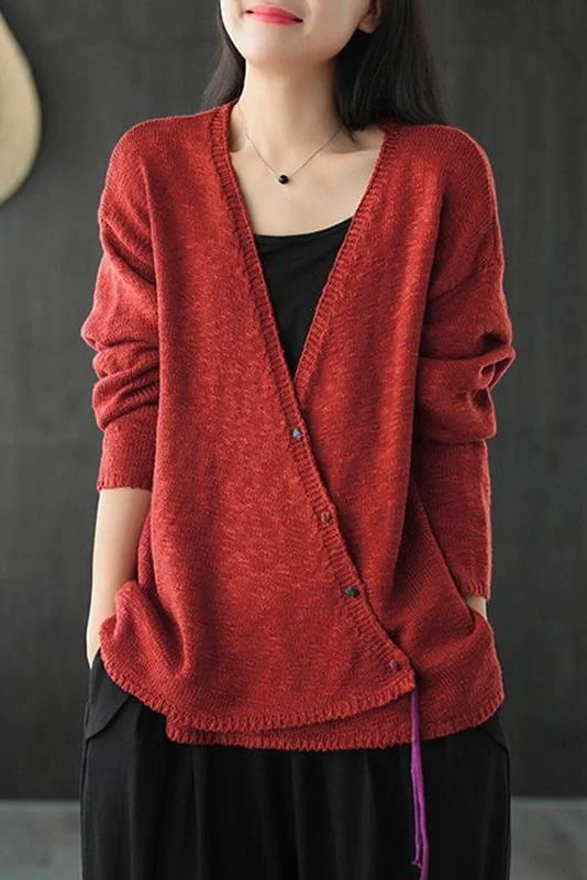 Women Knitted Retro Pure  Color V-neck Sweater Coat