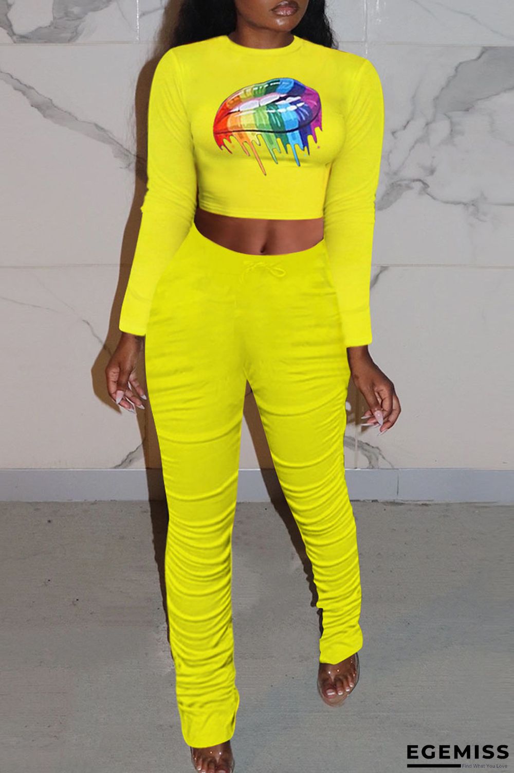 Yellow Casual Print Patchwork Fold O Neck Long Sleeve Two Pieces | EGEMISS