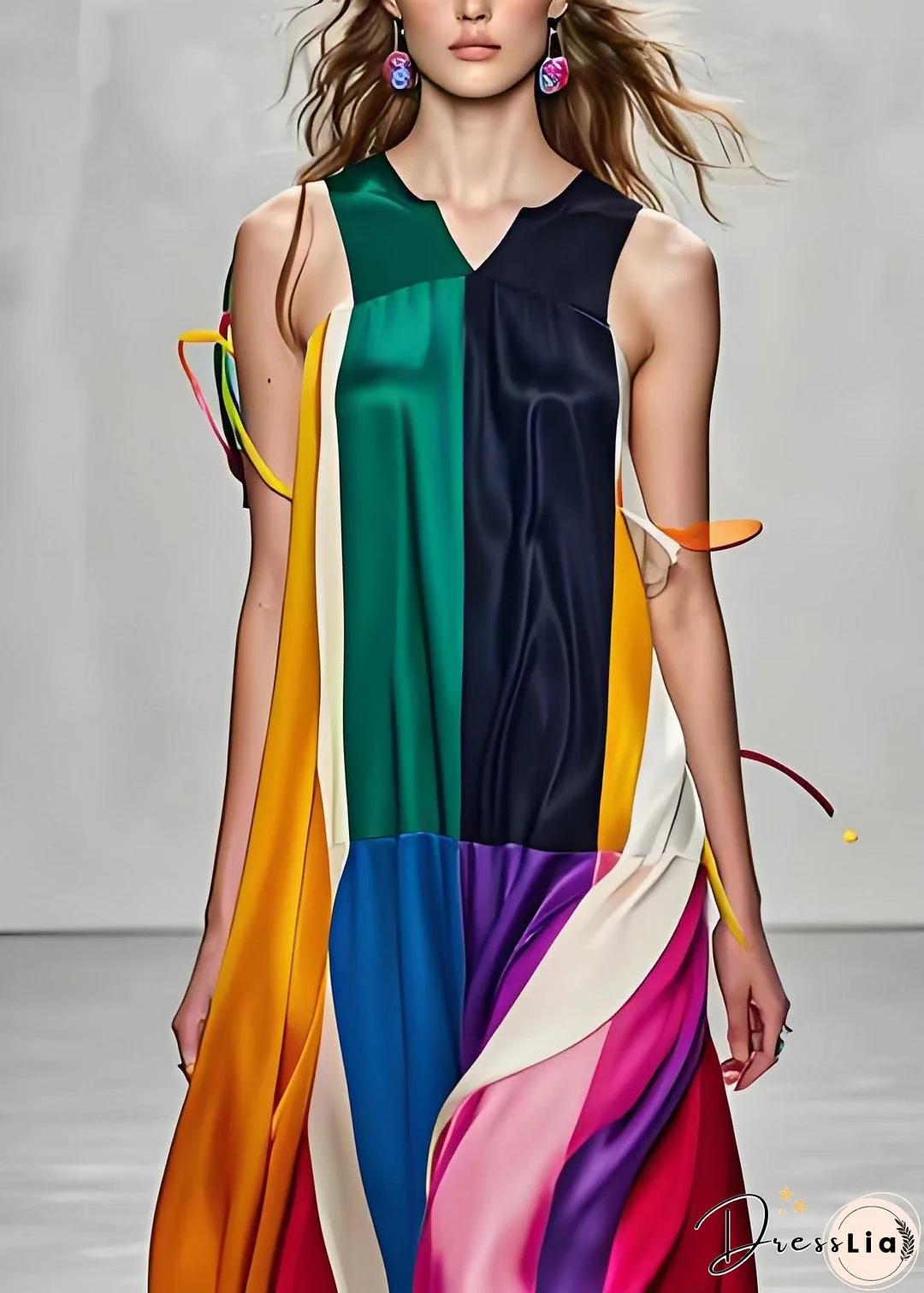 Stylish Colorblock V Neck Patchwork Silk Maxi Dress Sleeveless