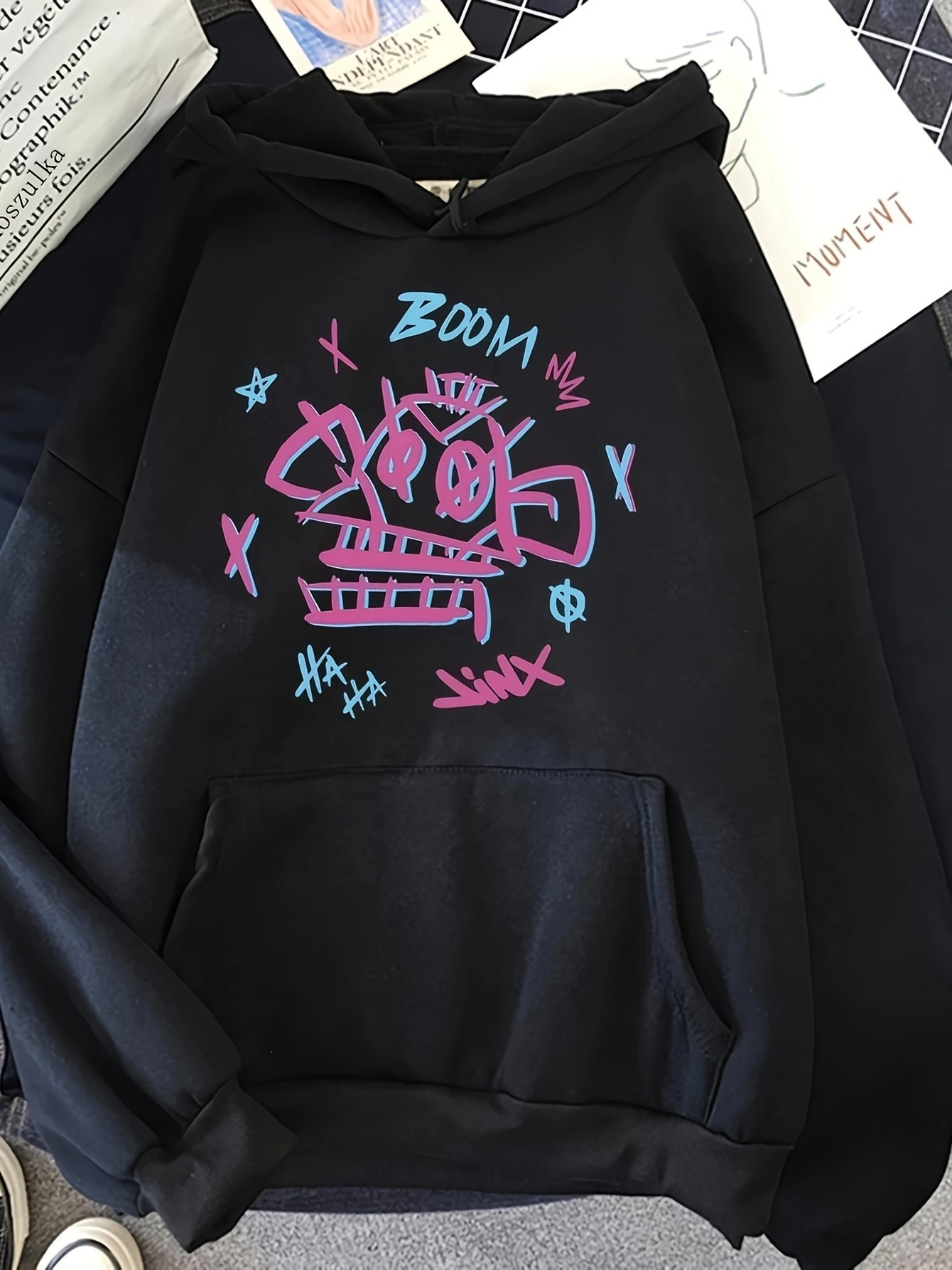 Women's Beige Geometric Cartoon Graphic Hoodie - Sporty Pullover Sweatshirt With Drawstring Hood, Machine Washable Casual Streetwear For All Seasons, Casual Wear Hoodie | Playful Graphic Hoodie | Comfortable Fit Hoodie | IFYHOME