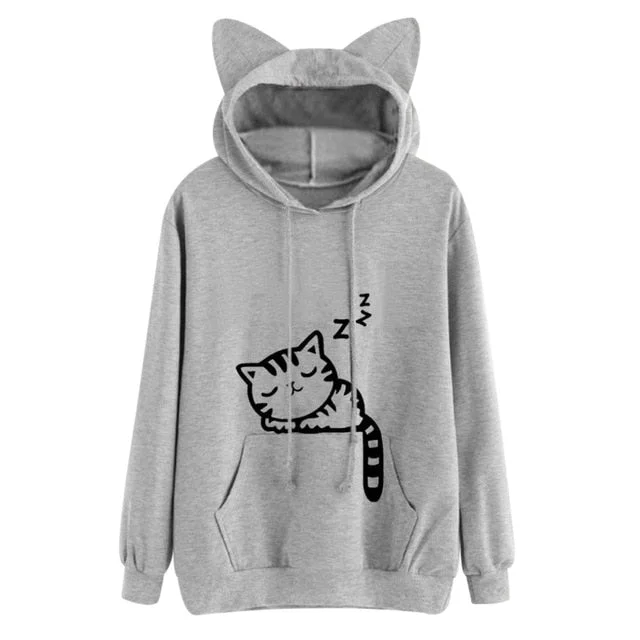 Harajuku Women Hoodies Sweatshirt Kawaii Pink Winter Cat Pattern Long Sleeve Moletom Hooded Sweatshirts Ear Hooed Mujer 2020