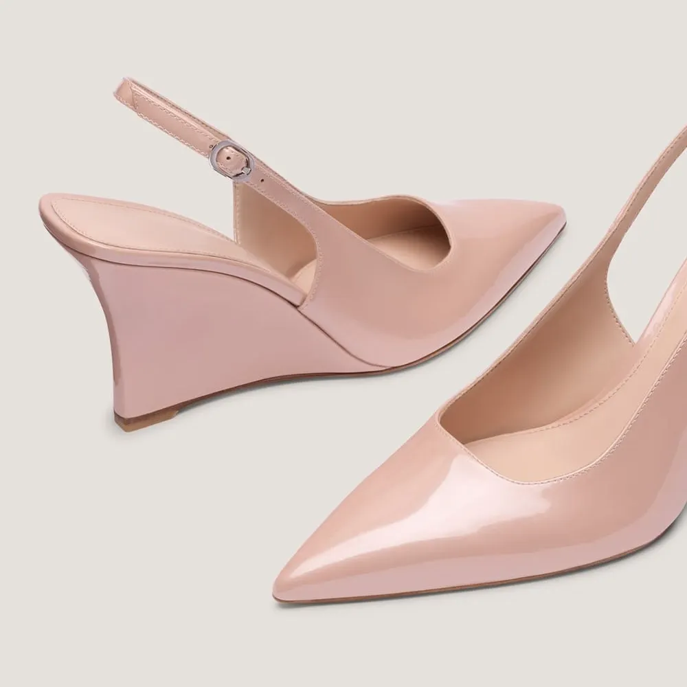 Patent Leather Slingback Wedge Heel Pointed Toe Pink Pumps