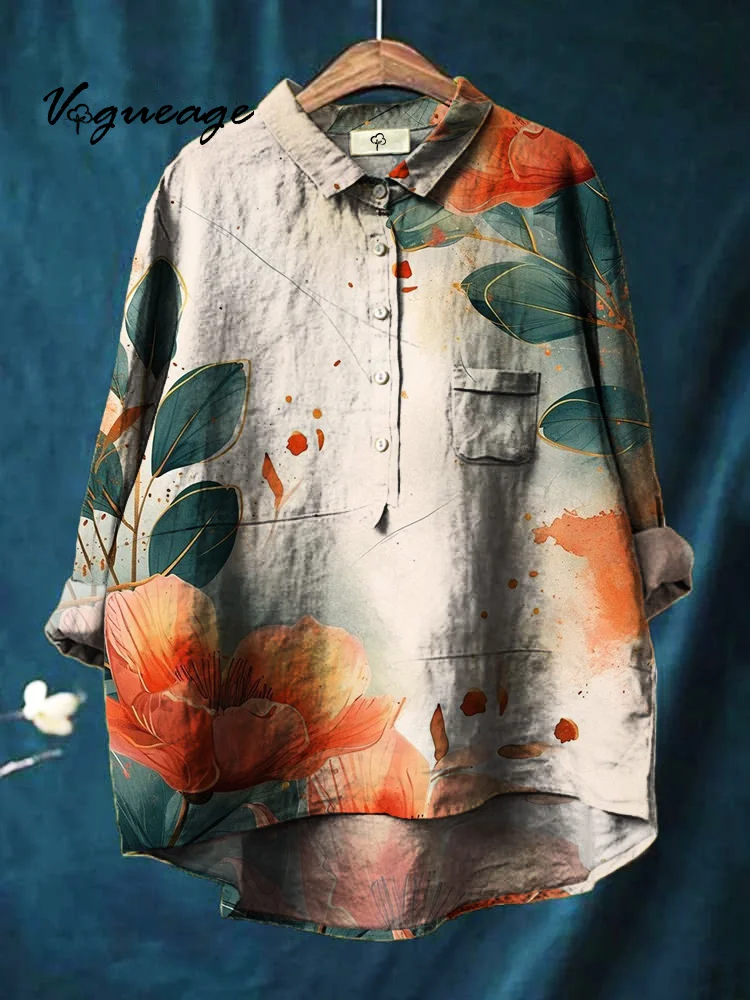 Gentle Comfortable And Generous Ink Flowers Print Cotton And Linen Shirt