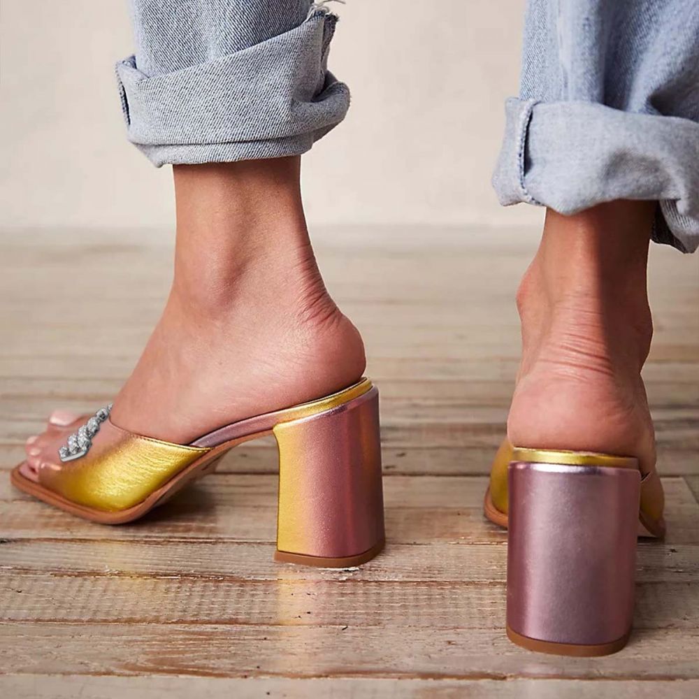 Pink and Gold Gradient Square Toe Rhinestone Heeled Mules Nicepairs