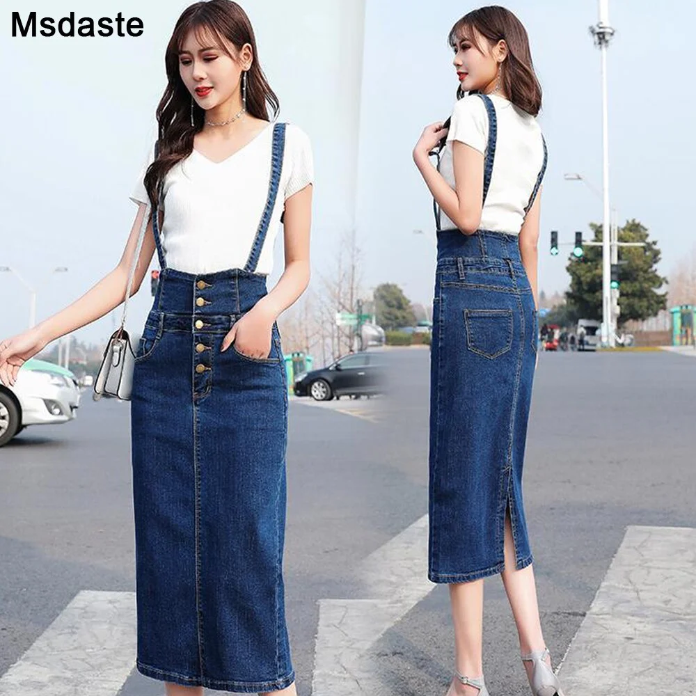 Suspender Skirt Plus Size Women Overalls Stretch Skinny Hip Midi Skirt Vintage Blue High Waist Overall Slim Denim Jeans Skirts