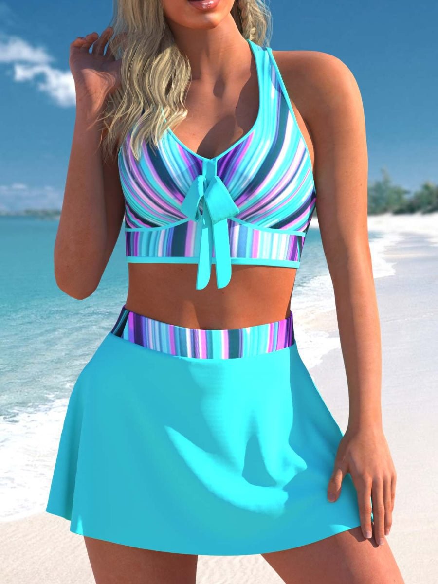 Ladies Split Swimsuit Conservative Skirt Bikini Print Back Cross Swimwear