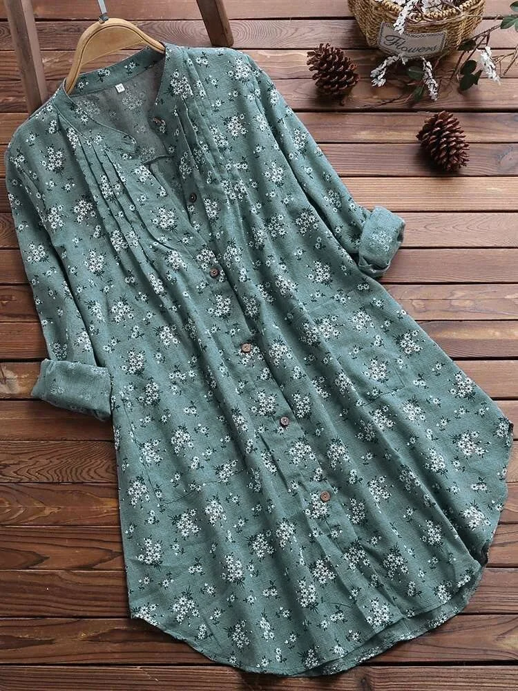 2023 Summer Floral Print Blouse Women Long Sleeve V-neck Top Elegant  Work Plus Size Long Shirt Loose Streetwear Women Clothes